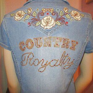 Vtg Country Royalty Denim Shirt Size M Embroidered Rhinestones Western Cowgirl